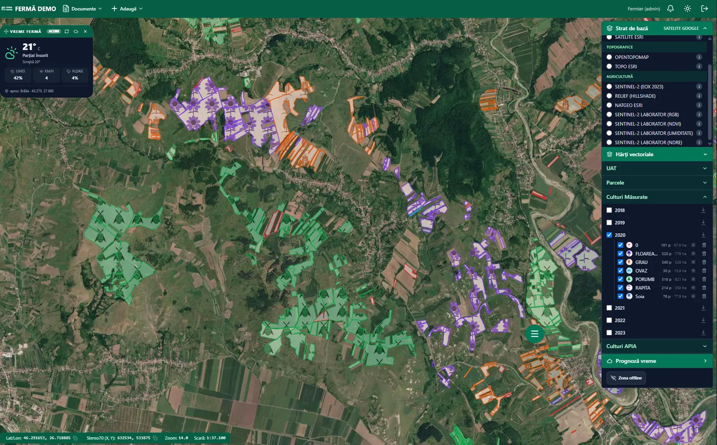 AgriSense map with the 2020 crops, each with its colour and symbol, and the list of crops with parcels and hectares