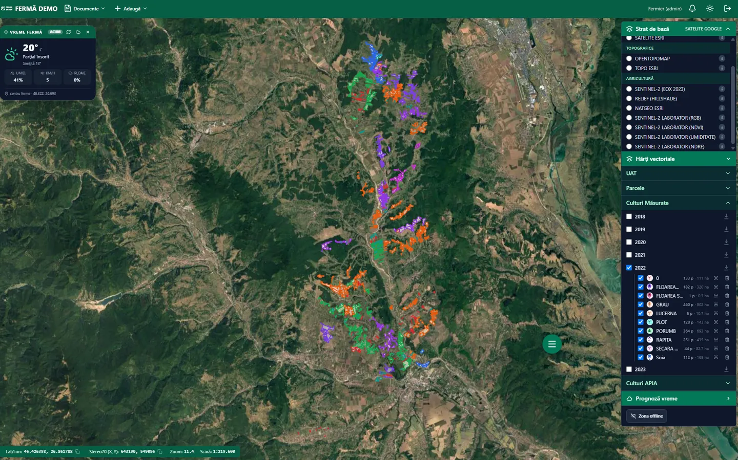 AgriSense map: a farm’s 2022 crops, coloured by crop, with the number of parcels and hectares of each crop