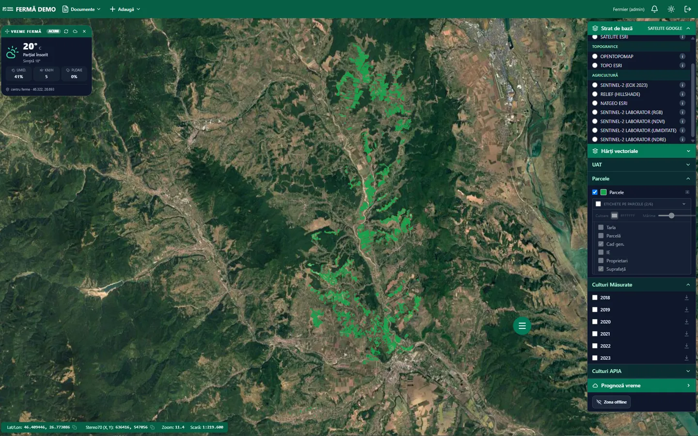 AgriSense map with all the farm’s parcels, the layers panel with parcel labels and the current weather at the farm