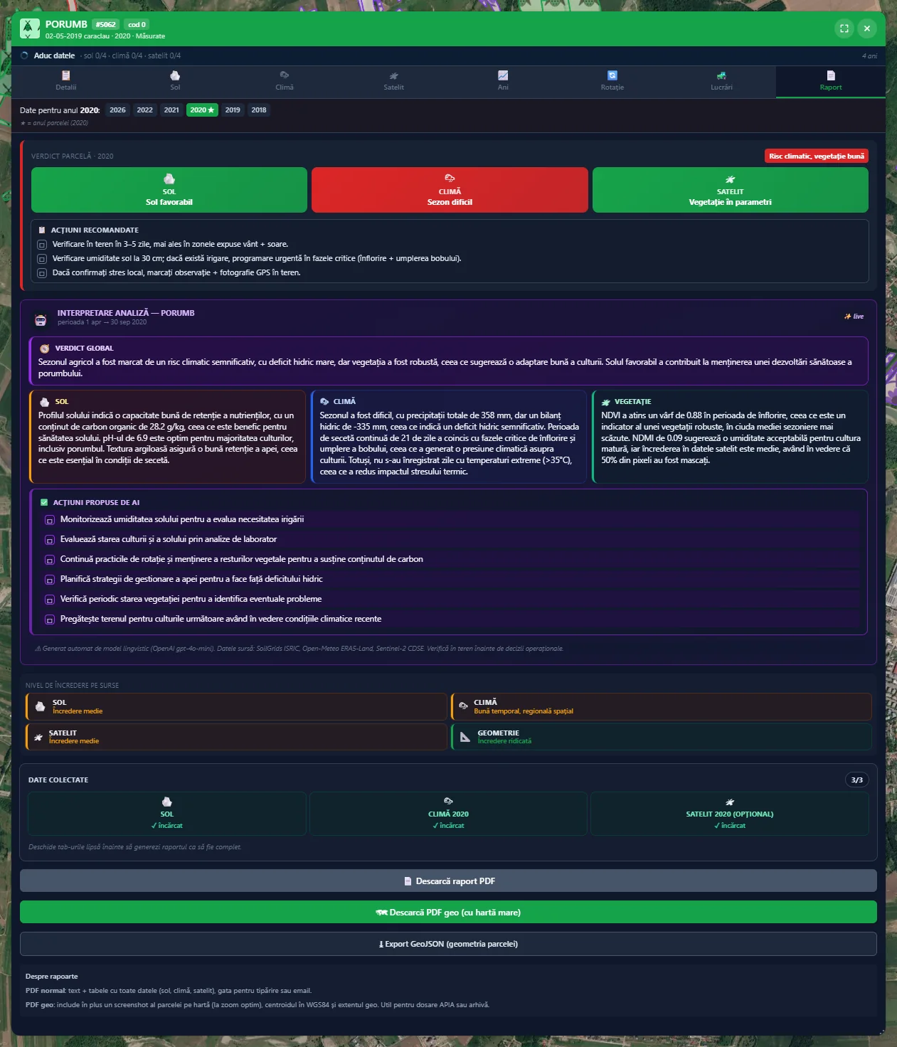 The Report tab of an AgriSense parcel sheet: verdict on soil, climate and satellite, the AI summary on soil, climate and vegetation, proposed actions and the download buttons