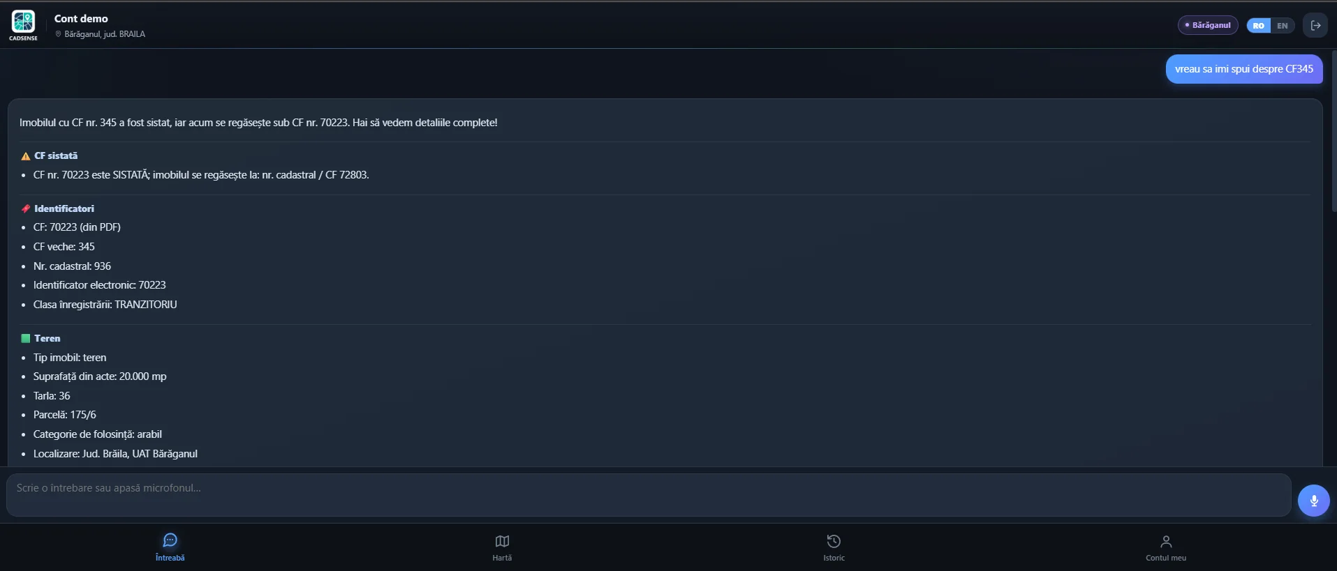 The CadSense AI assistant answers “tell me about CF345”: closed CF, identifiers and land data