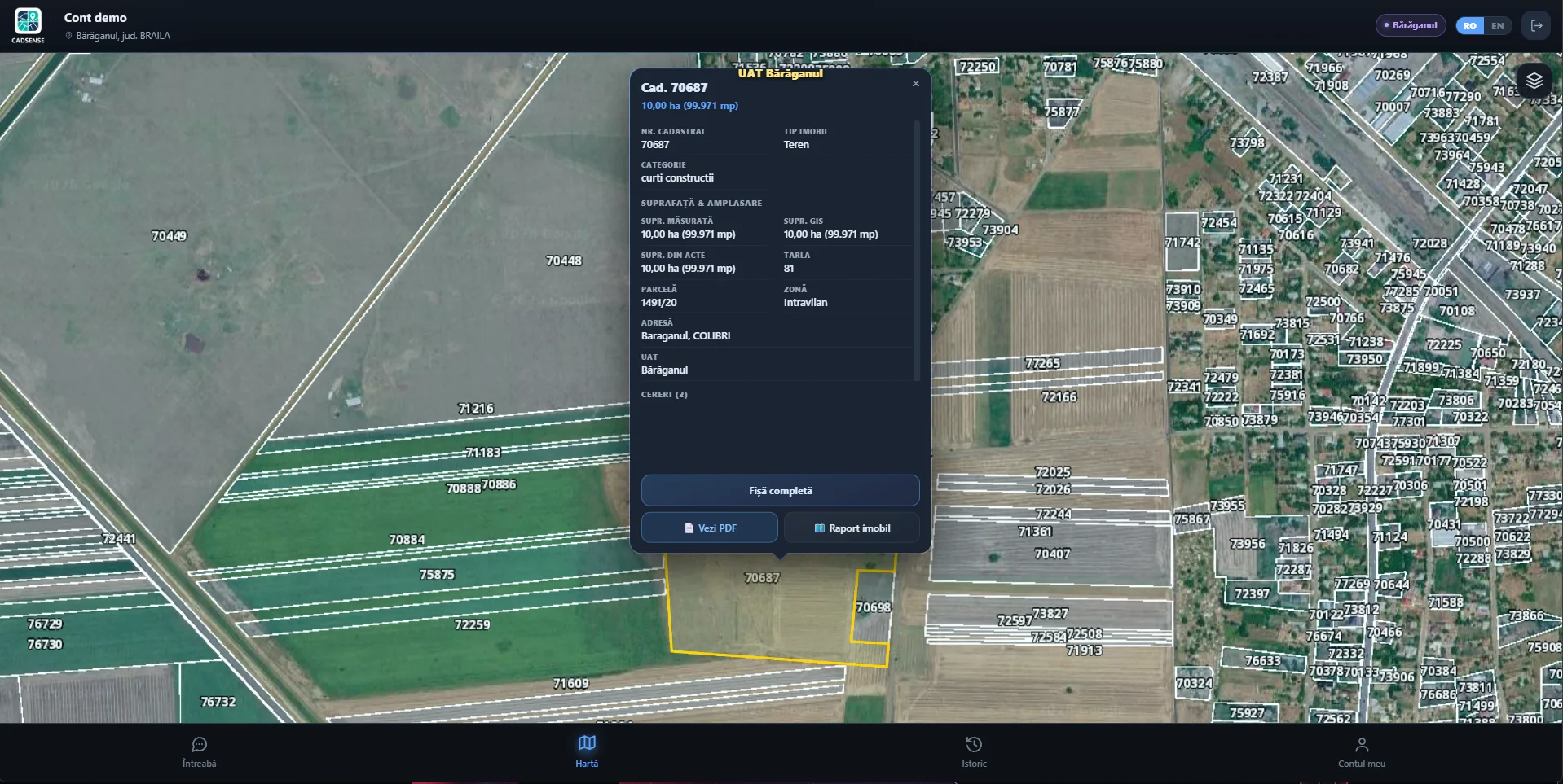A property sheet open on the CadSense map: cadastral number, type, land use, areas, block, parcel, zone, address, UAT and the Complete sheet, View PDF and Property report buttons