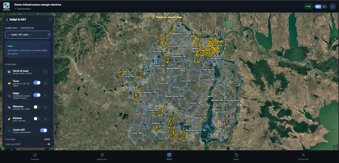 Harta GridSense: stâlpii de electricitate dintr-un județ, cu limitele UAT, pe fundal satelitar