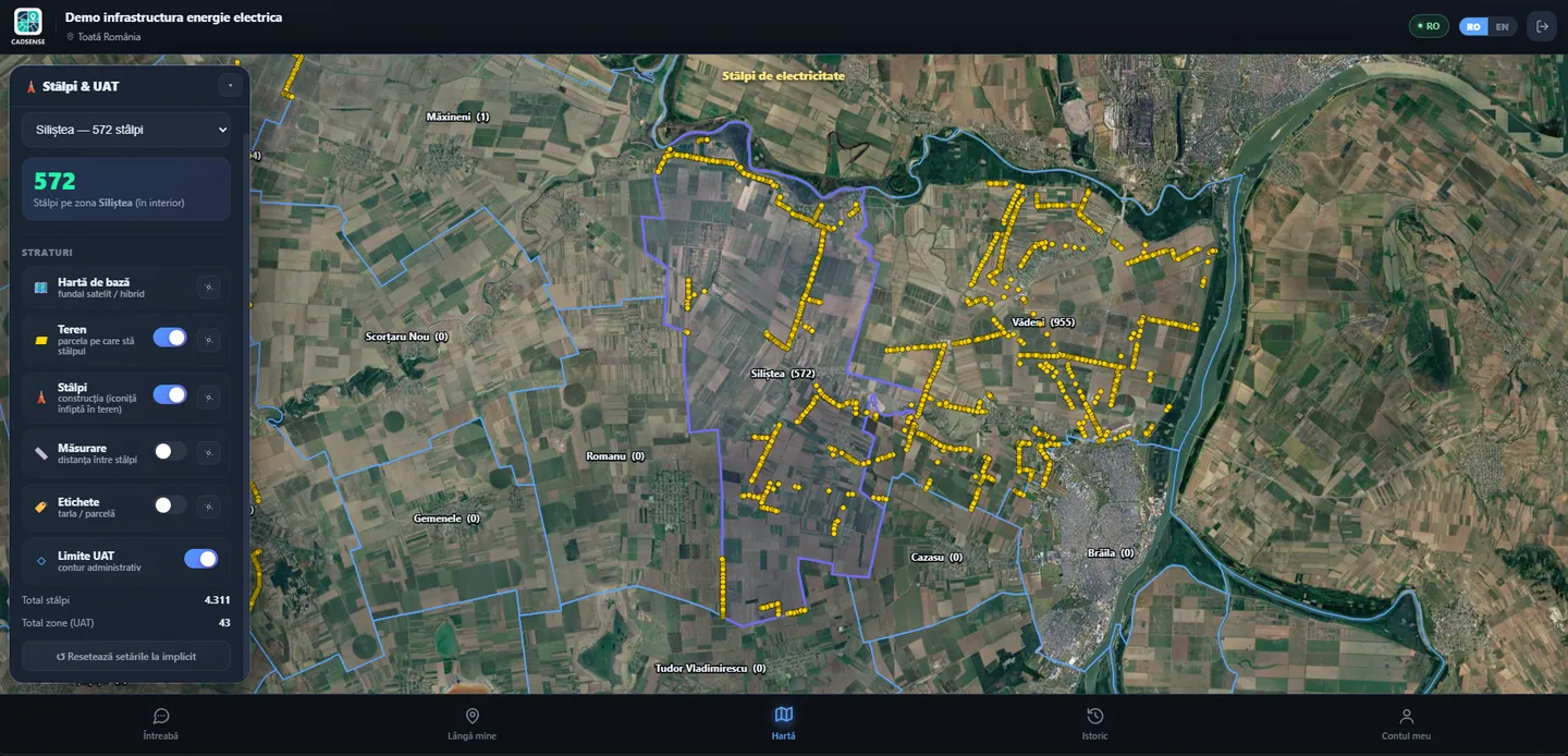 GridSense: localitatea Siliștea selectată, cu numărul de stâlpi din interior