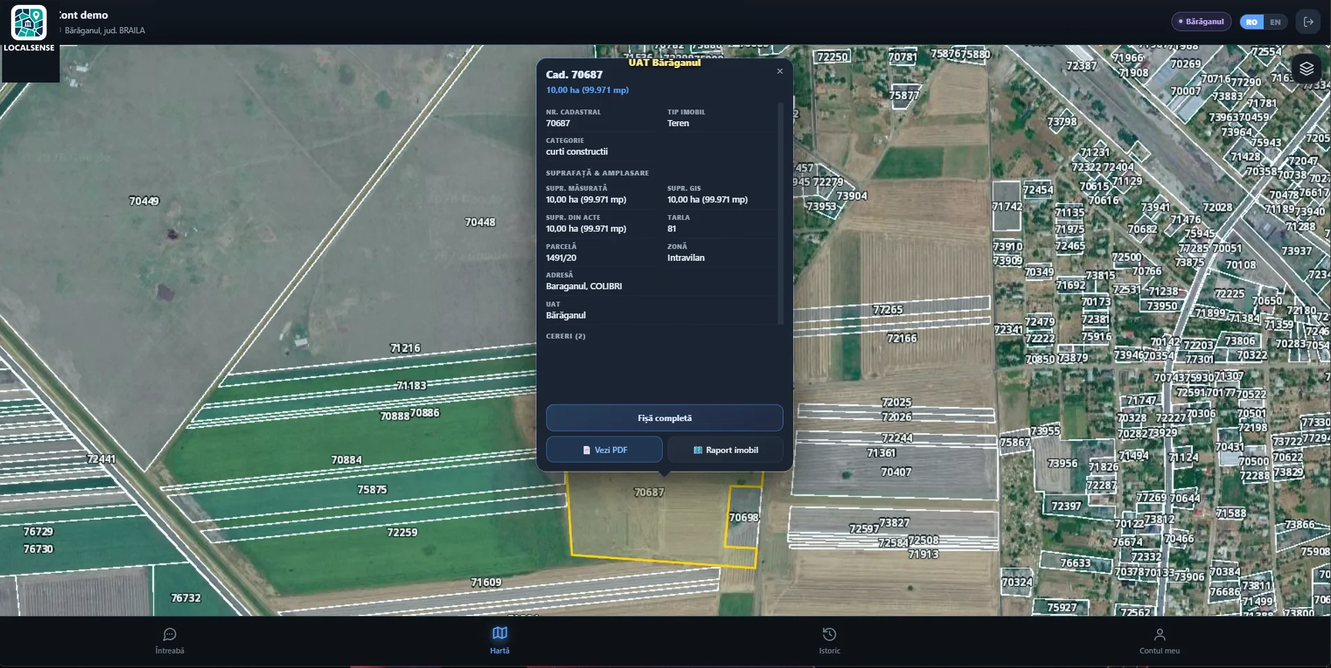 Fișa unui imobil deschisă pe harta LocalSense: nr. cadastral, tip, categorie, suprafețe, tarla, parcelă, zonă, adresă, UAT și butoanele Fișă completă, Vezi PDF și Raport imobil