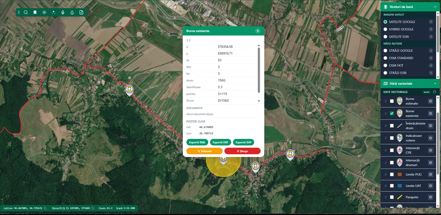 An existing marker record in RoadSense: X/Y Stereo70 coordinates, KM, position and road