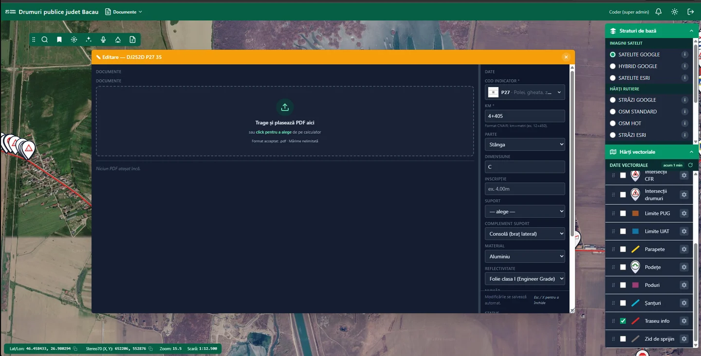 The RoadSense edit form: sign code, KM, side, material, reflectivity and a PDF upload area