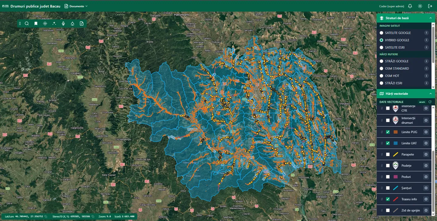 RoadSense map: the Bacău county road network with UAT (blue) and PUG boundaries over satellite imagery