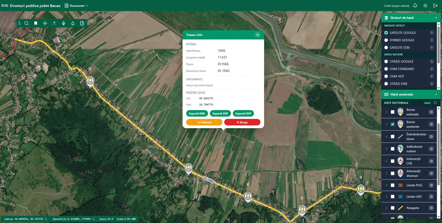 A county road alignment highlighted in RoadSense, with its total length and markers